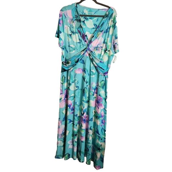 Soft Surroundings Turquoise Watercolor Floral Maxi Dress Faux Wrap Top XL‎ NWT - Picture 1 of 9